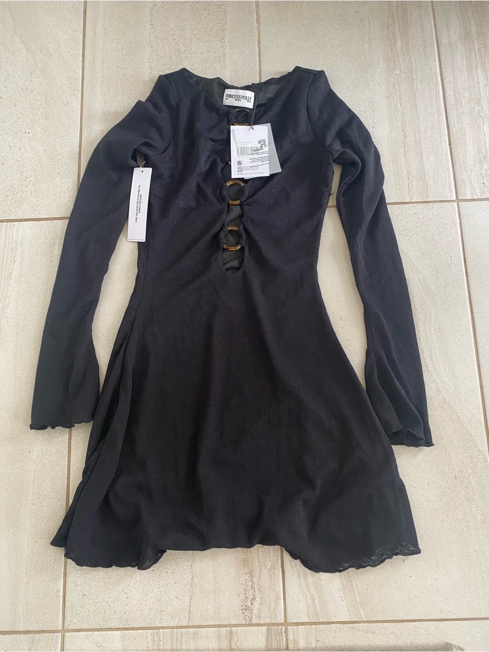Princess Polly Black Long Sleeve Dress with Front Ring Accents